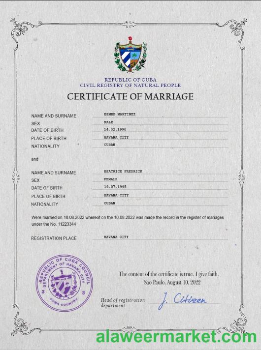 Cuba marriage certificate PSD template